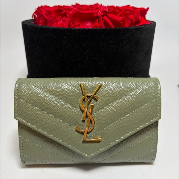 Saint Laurent Handbags - SOLD Saint Laurent Grain De Poudre Matelasse Chevron Small Envelope Wallet Sage